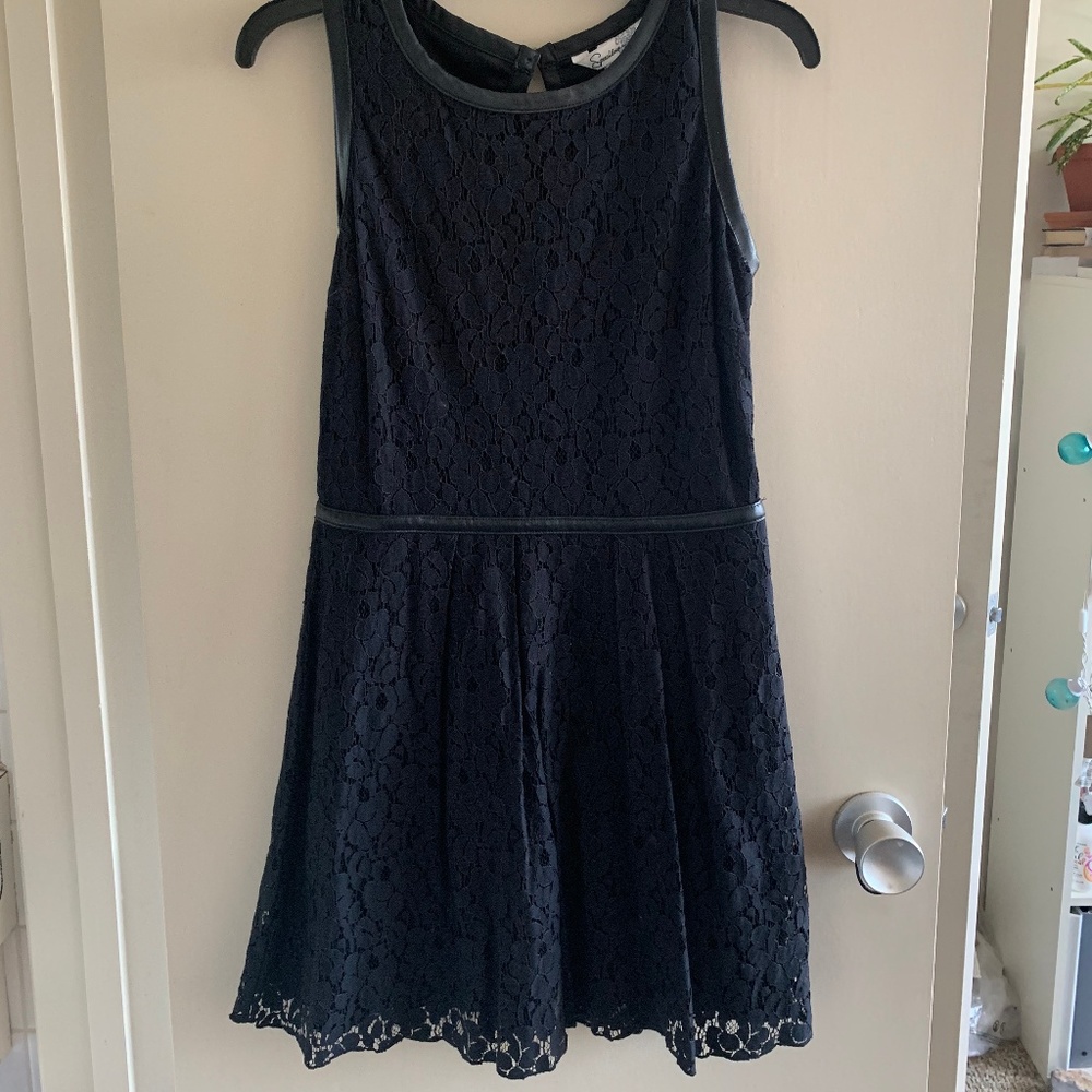 Black floral lace dress with faux leather accents